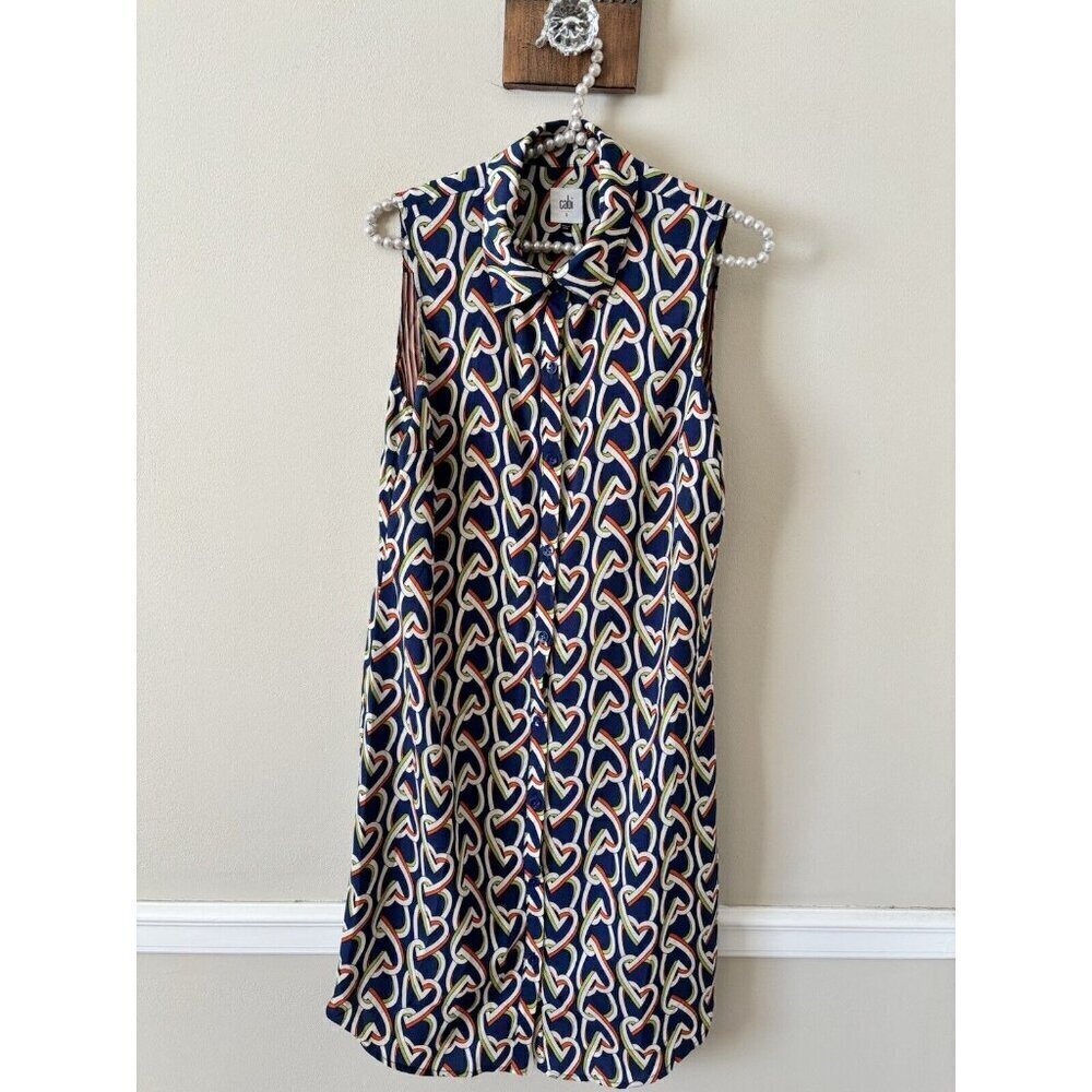 Cabi Womens Size Small Shirt Dress Sleeveless Button Front Blue Chained Hearts
